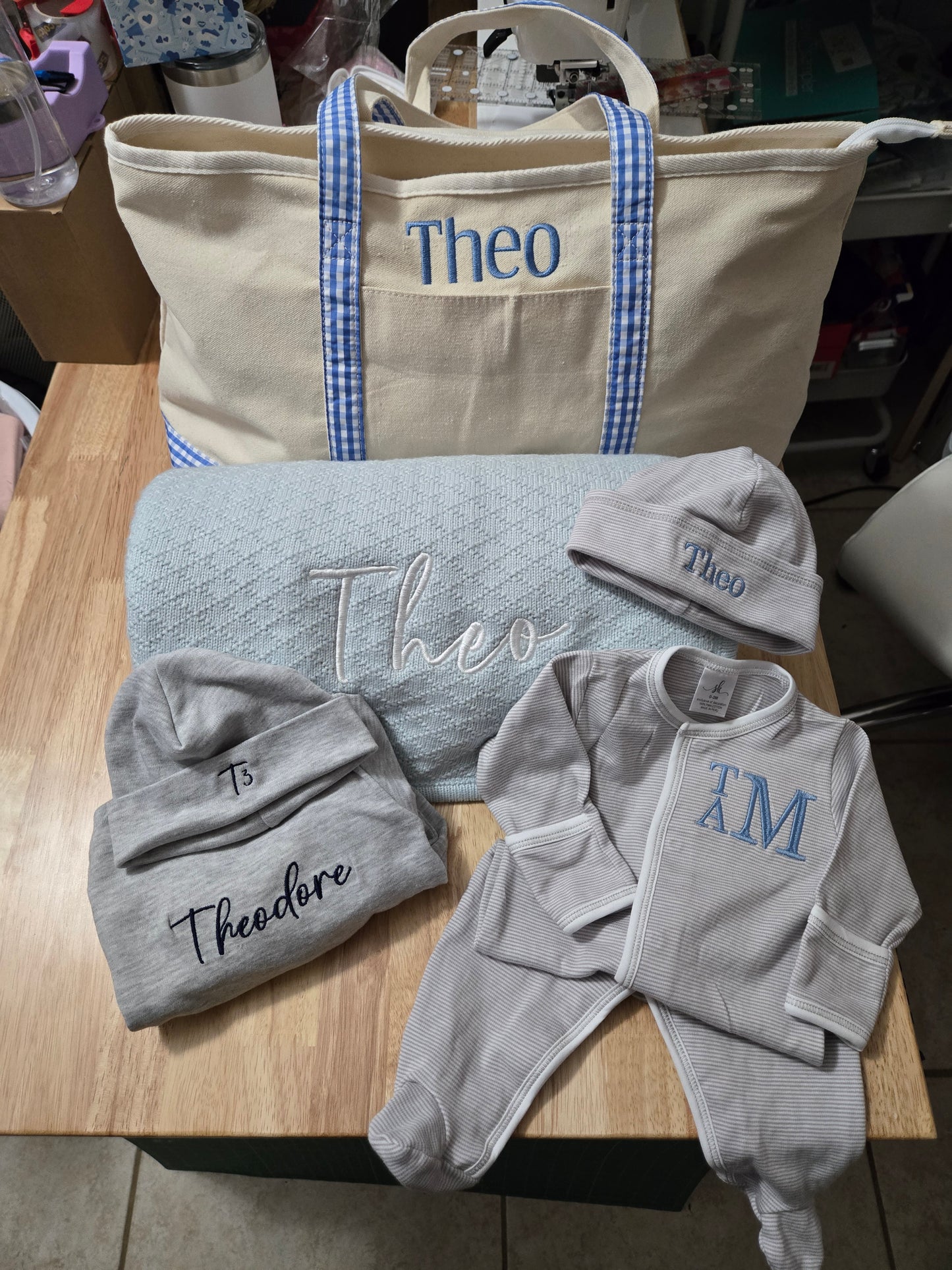 Custom Baby Gift Set – Personalized Blanket, Onesie, Hat & Tote Bag