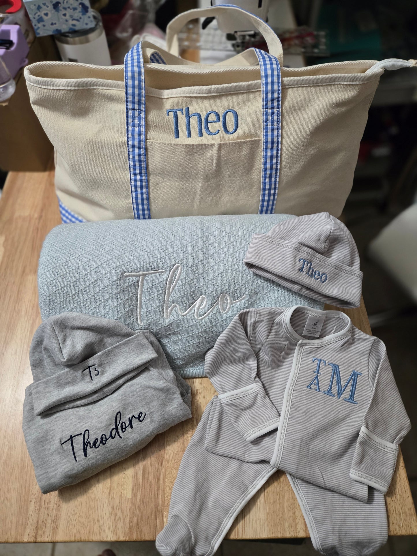 Custom Baby Gift Set – Personalized Blanket, Onesie, Hat & Tote Bag