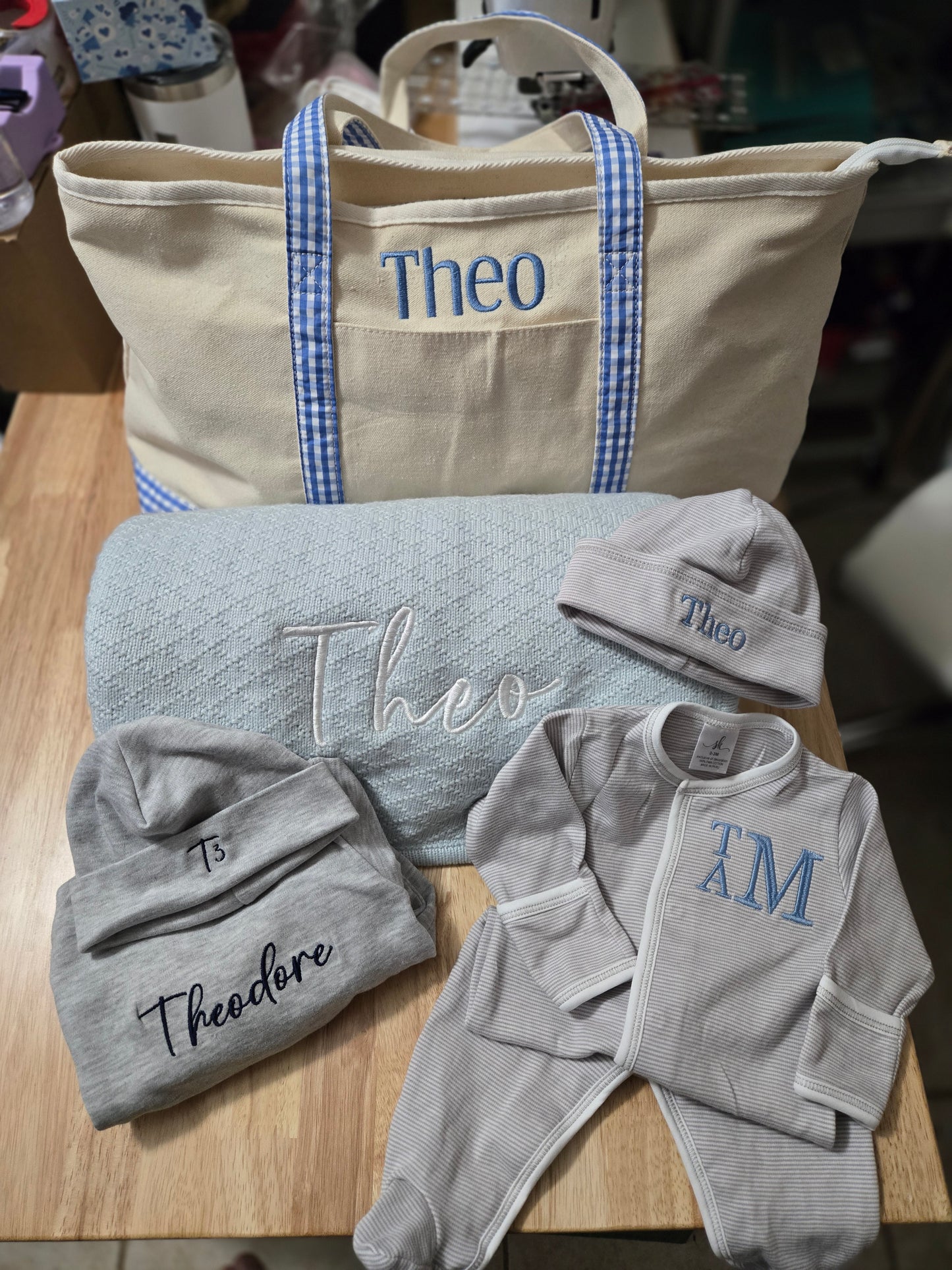 Custom Baby Gift Set – Personalized Blanket, Onesie, Hat & Tote Bag