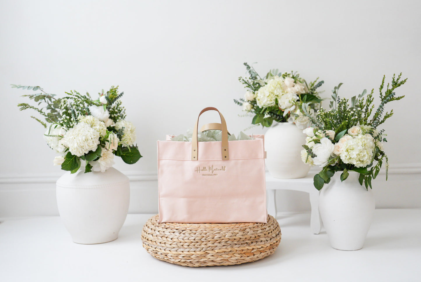 Blush Pink Canvas Tote Bag with Leather Handles