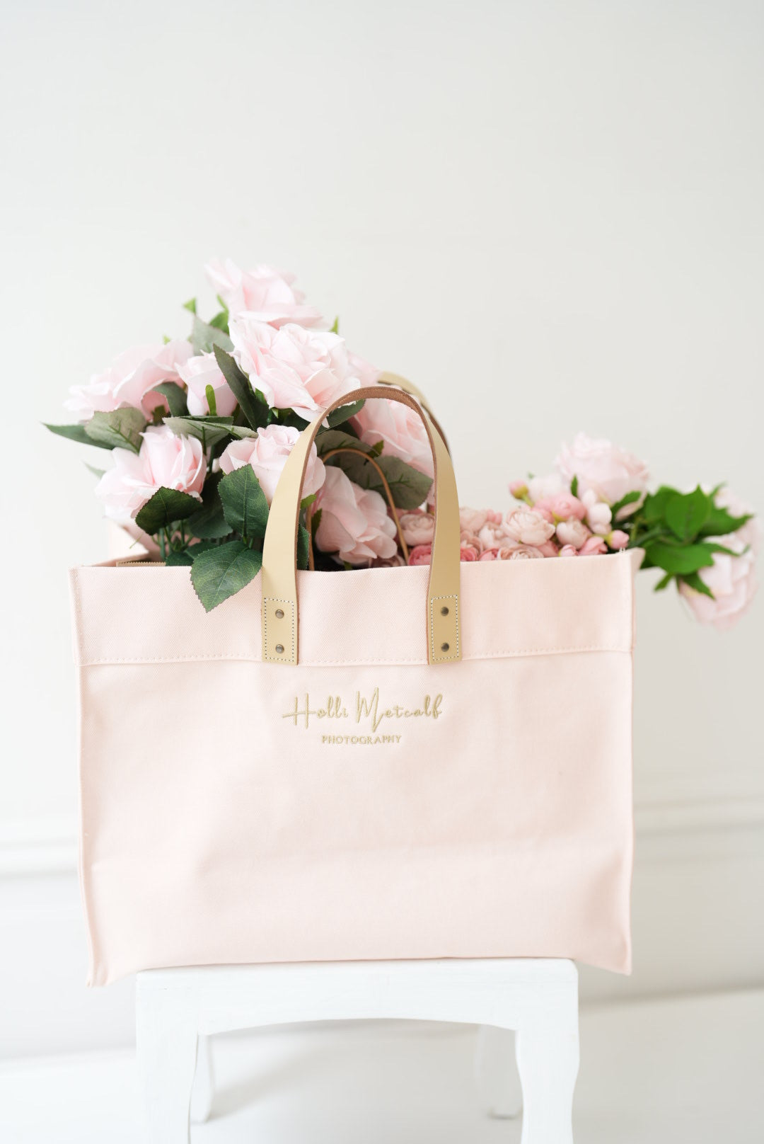 Blush Pink Canvas Tote Bag with Leather Handles