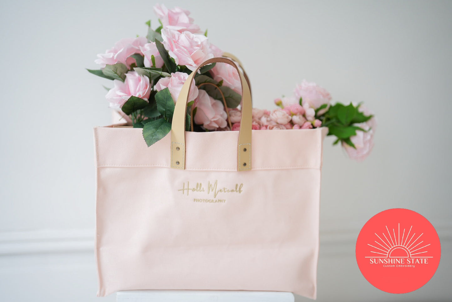 Blush Pink Canvas Tote Bag with Leather Handles