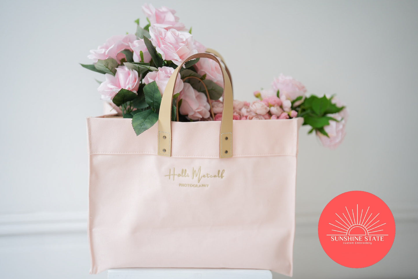 Blush Pink Canvas Tote Bag with Leather Handles