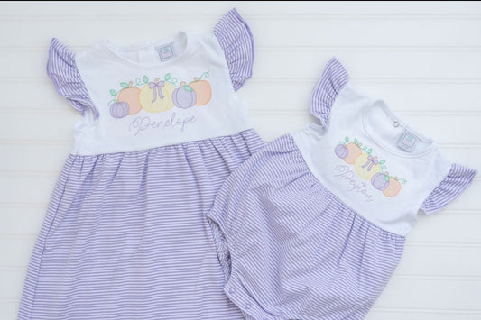 Personalized Purple Pumpkin Dress & Romper – Sibling Matching Fall Outfit