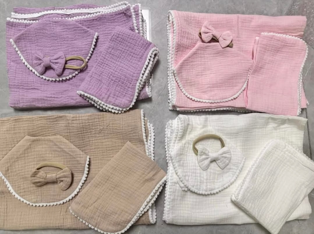 Custom Embroidered Muslin Baby Gift Set – Blanket + Bib + Burp Cloth + Bow (4 Colors)